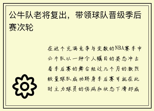 公牛队老将复出，带领球队晋级季后赛次轮